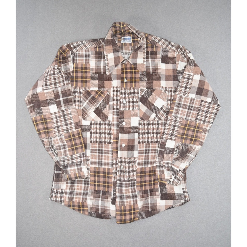 Vintage Flannel Shirt Mens Large Brown Patchwork Permanent Press 70s Made USA